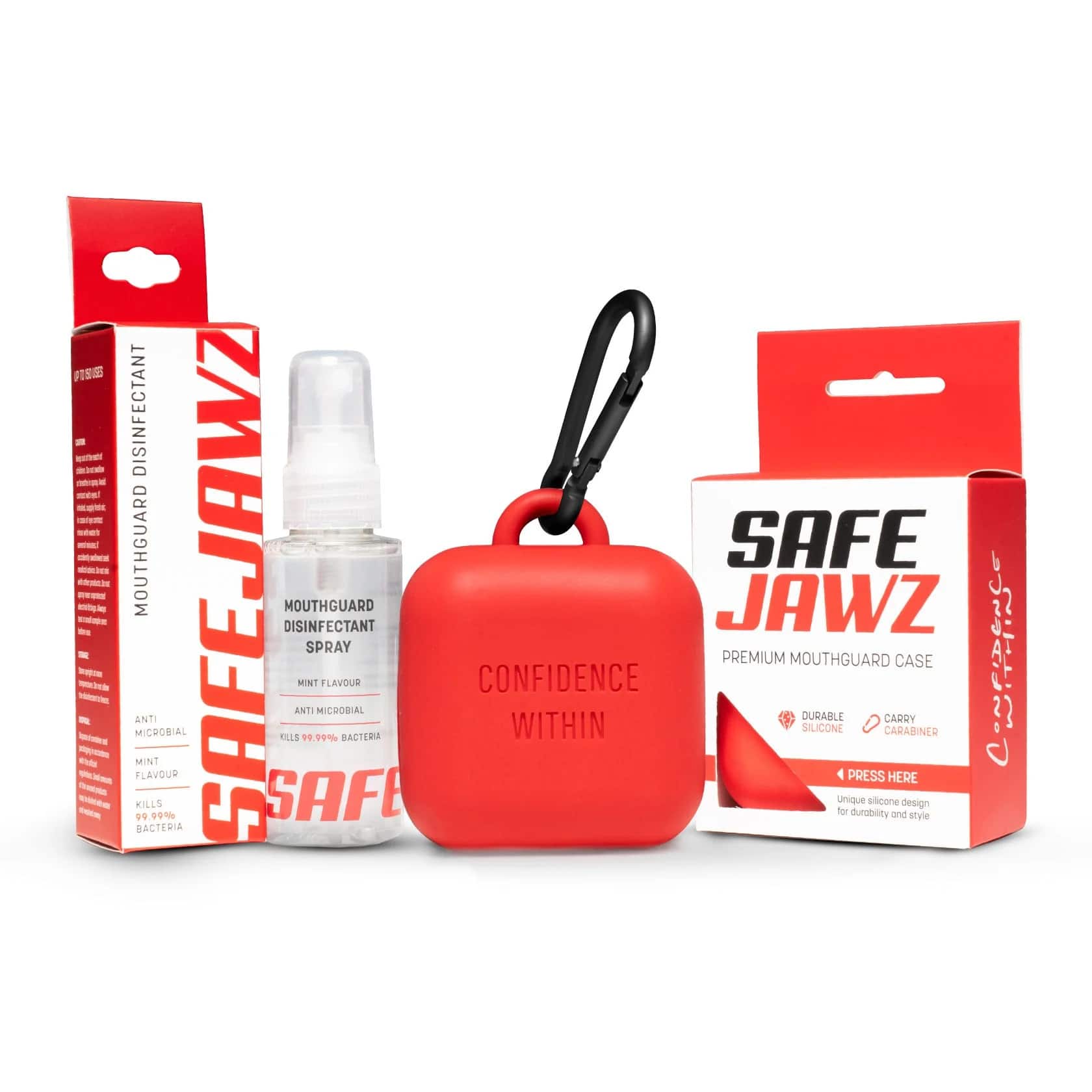 SafeJawz pleiepakke · premiumetui og spray